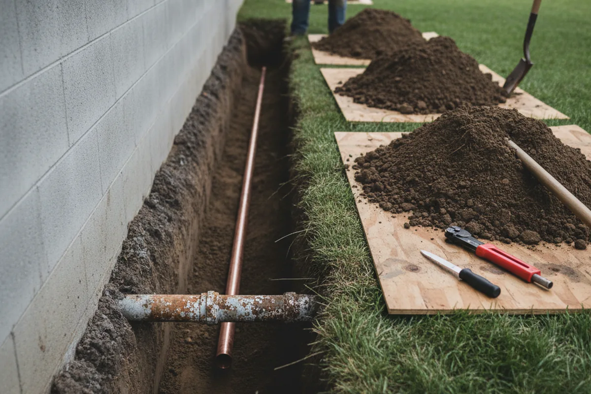 Excavated water line trench during Water Softener Installation in Petros